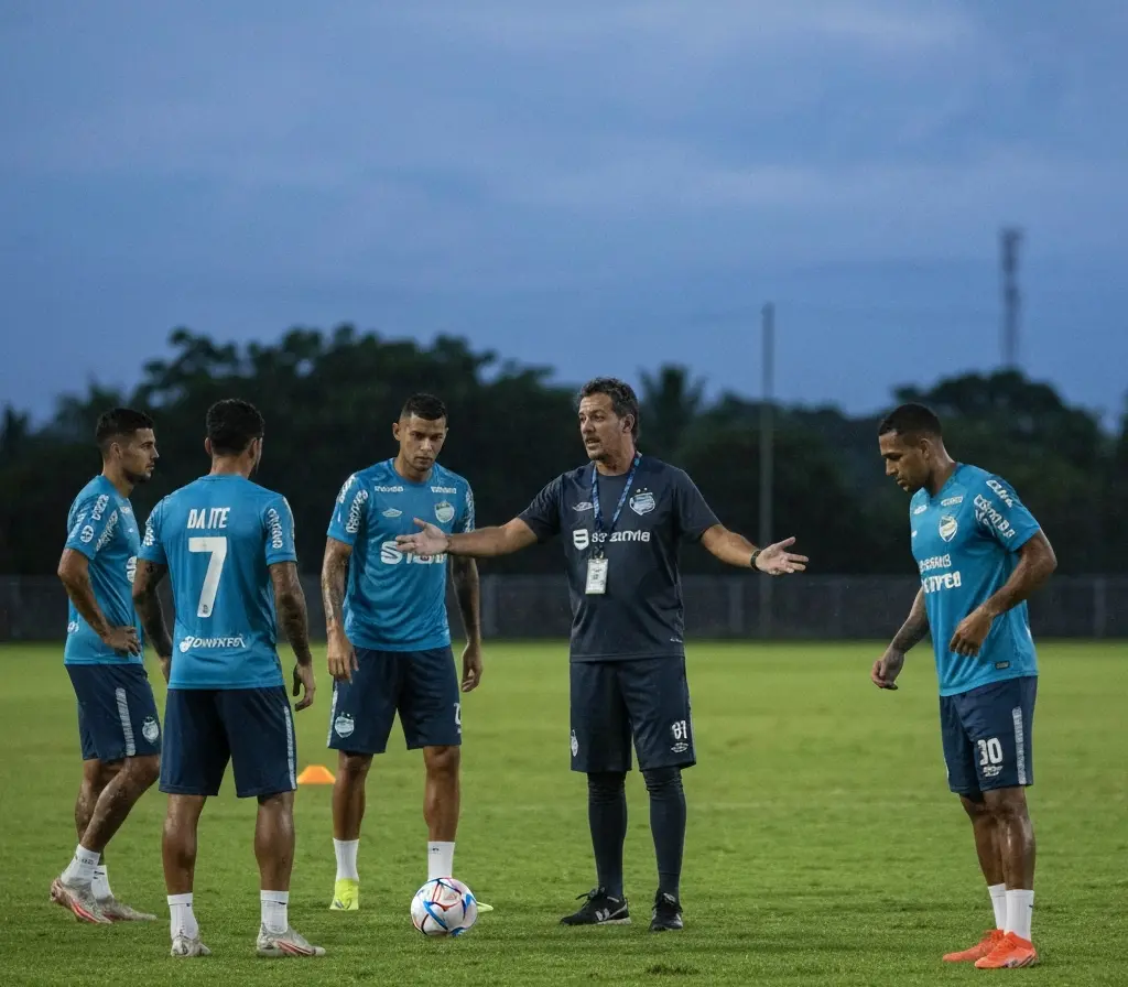 Bahia pode ter jogo remarcado antes da 19ª rodada e altera calendário Jogadores do Bahia de costas em treino no estádio, técnico gesticulando para prancheta com calendário desfocado.