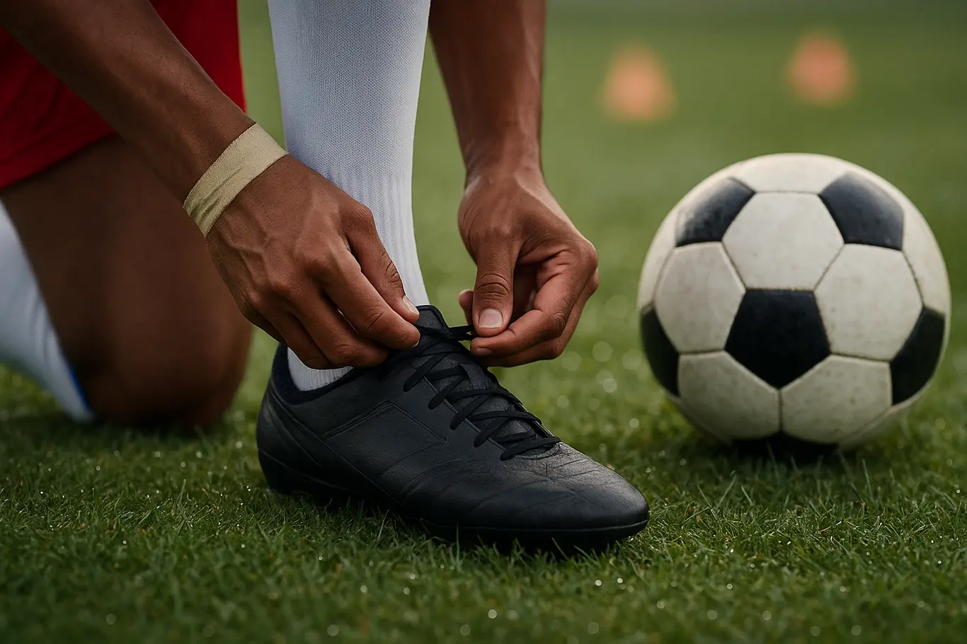 Bahia retoma treinos no ct após recesso e mira reação no campeonato Close-up das mãos de jogador amarrando chuteira sobre o gramado, com bola sem marca próxima.