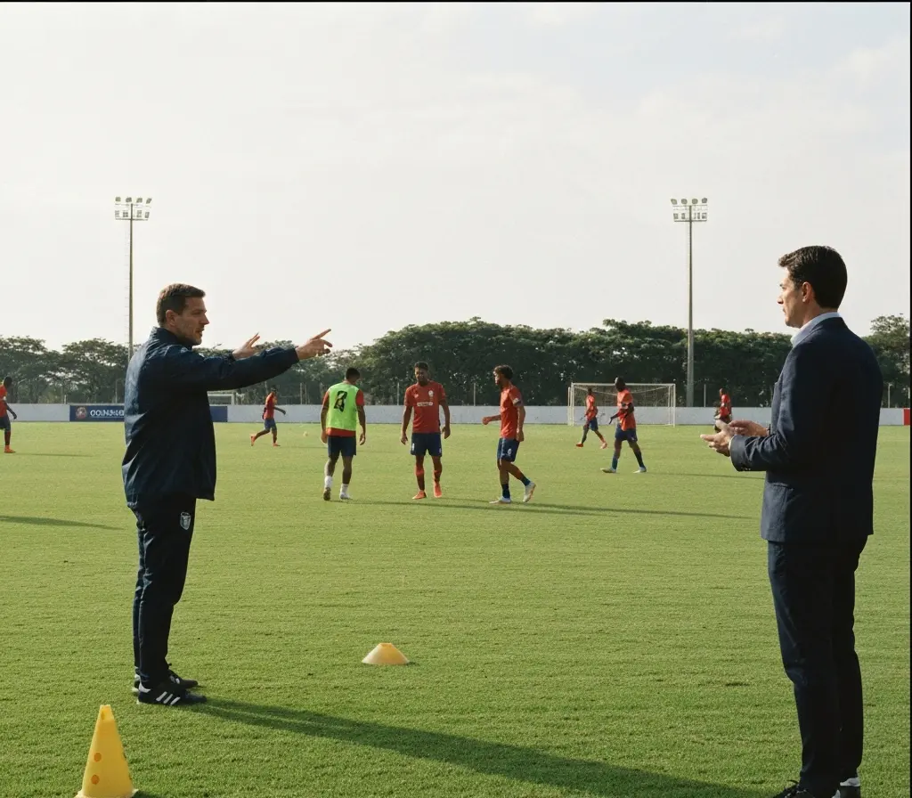Bahia retoma treinos no ct após recesso e mira reação no campeonato Jogadores do Bahia em treino coletivo no centro de treinamentos, vistos de costas e em perfis, comissão técnica à margem.