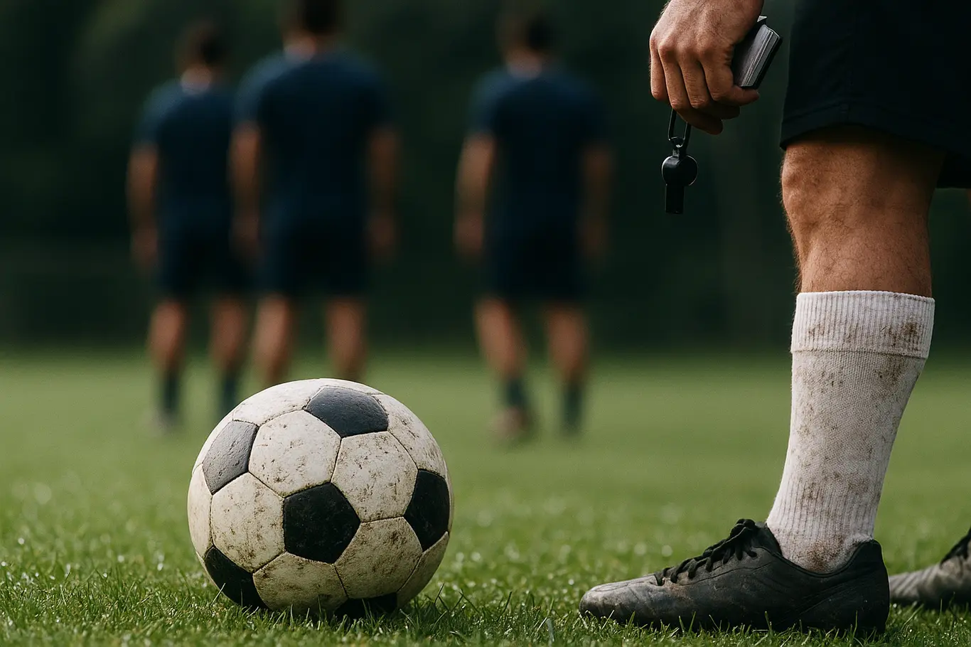 Bahia retoma treinos no Evaristo de Macedo e busca reação no Brasileiro Close na bola e chuteiras sobre o gramado do Evaristo de Macedo durante treino, com preparador segurando apito ao fundo desfocado