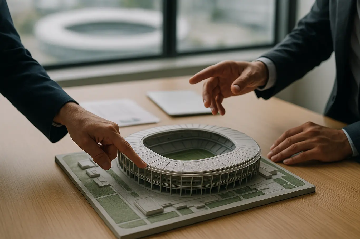 Bahia SAF recebe certificação internacional e pode atrair investimentos Mãos de executivos apontando para maquete de estádio em reunião, documentos desfocados