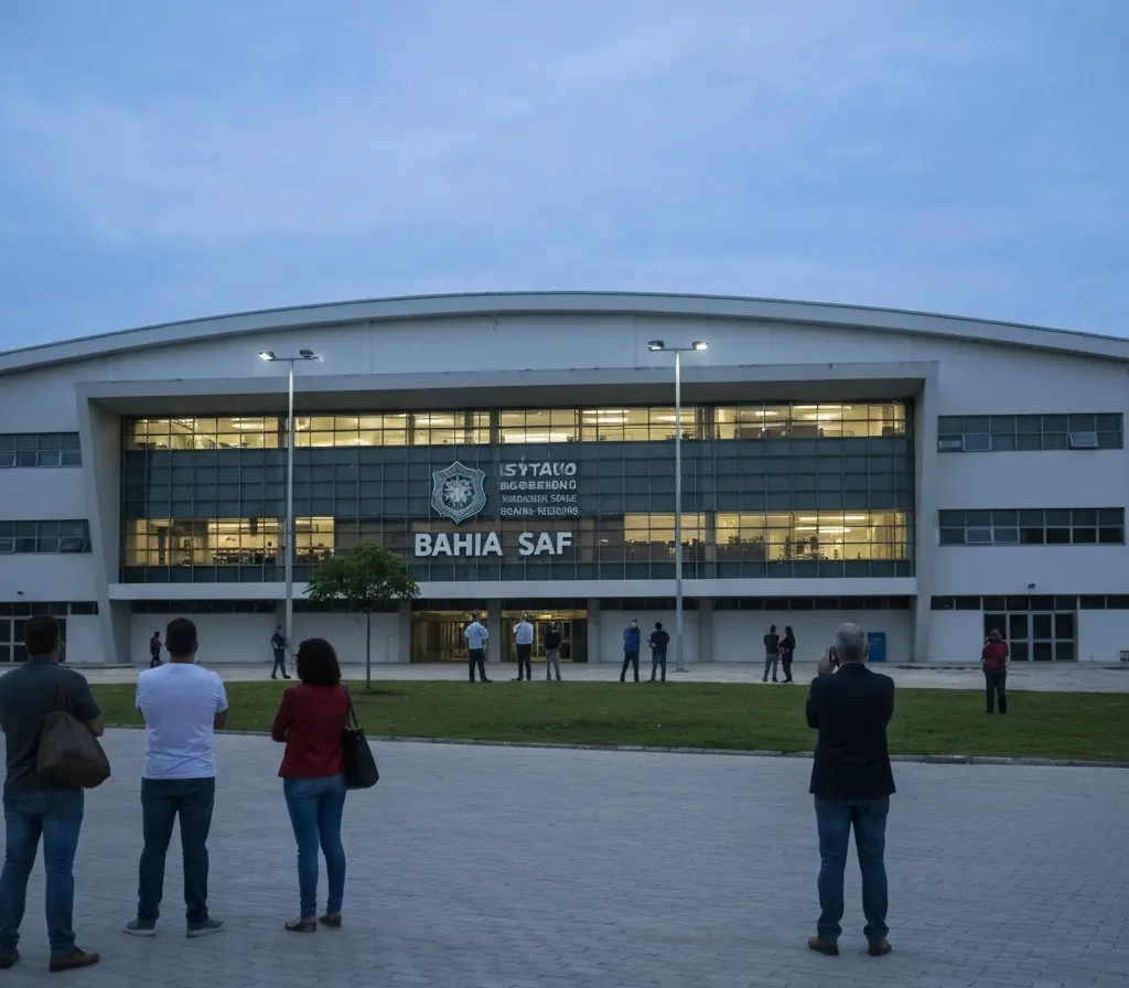 Bahia SAF recebe certificação internacional e pode atrair investimentos Estádio da Bahia SAF ao entardecer com grupo de pessoas de costas e obras ao fundo