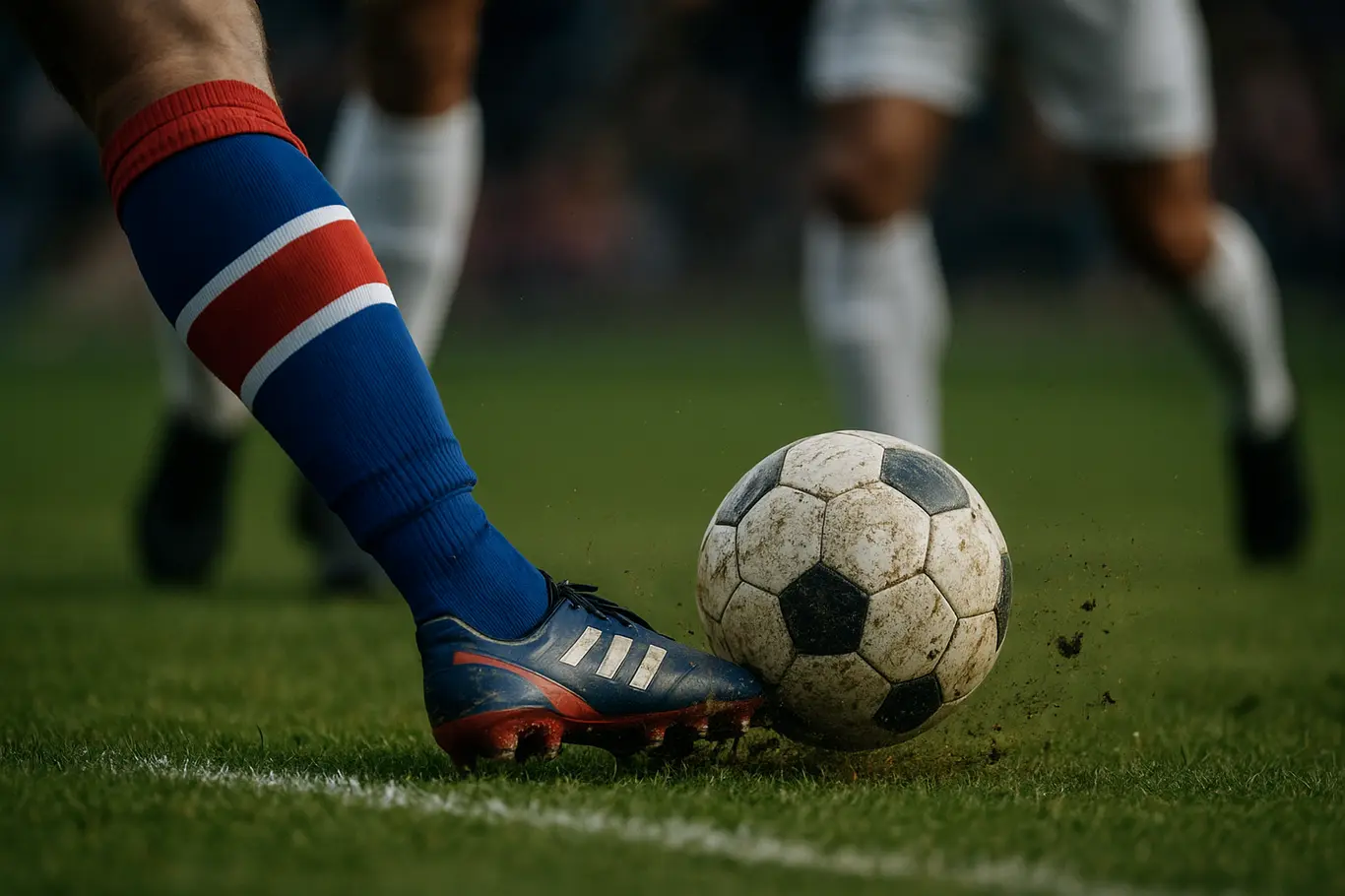 Bahia precisa vencer o Santos para voltar ao G-8; transmissão ao vivo Detalhe da chuteira e bola levantando partículas de grama na marca do pênalti, pernas desfocadas ao fundo