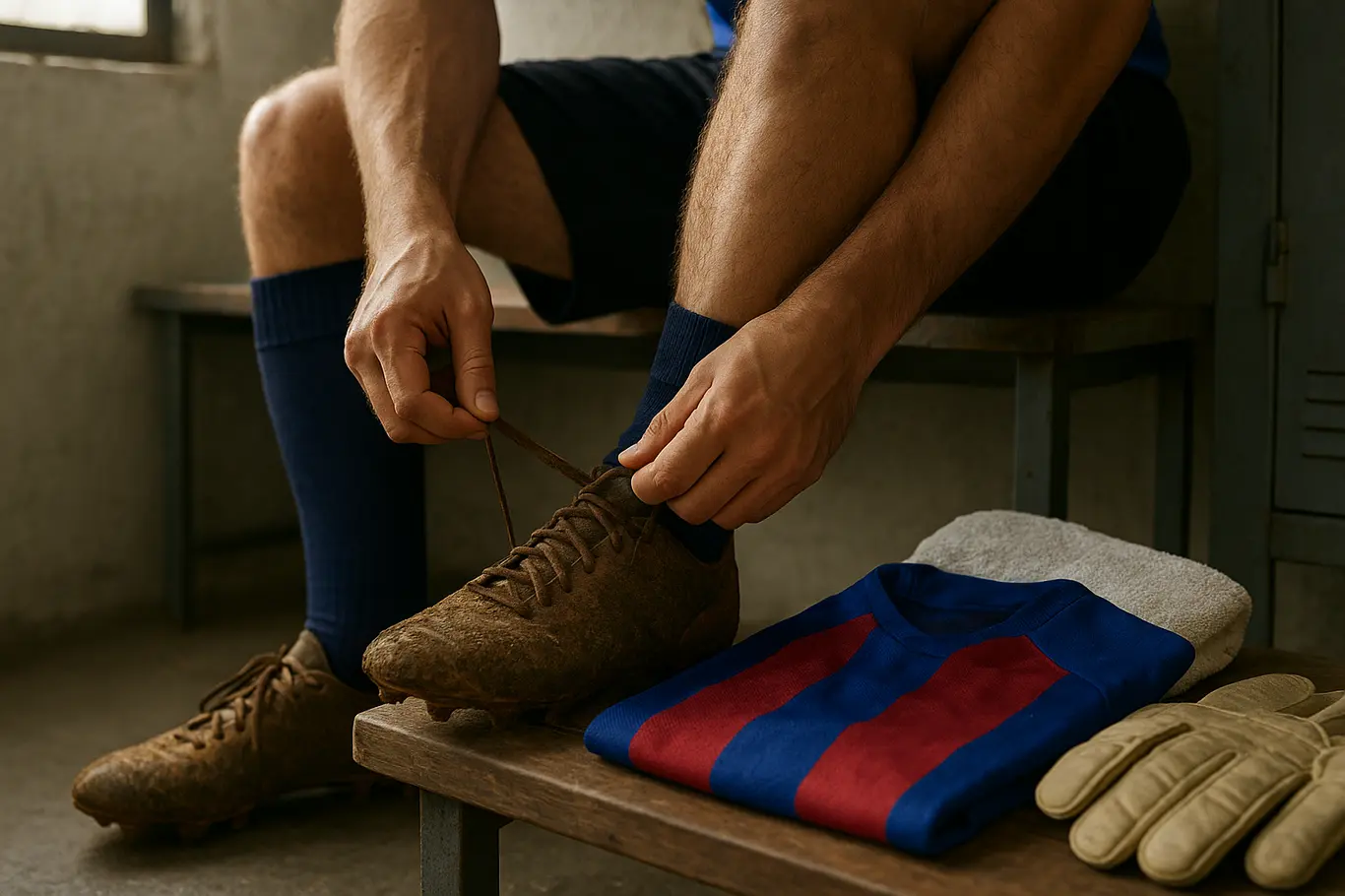 Bahia inicia sondagem a Adryelson e pode reforçar defesa para reta final Detalhe de chuteiras sendo amarradas e camisa azul e vermelha dobrada no banco do vestiário