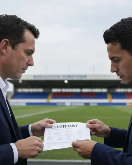 Bahia inicia sondagem a Adryelson e pode reforçar defesa para reta final Diretor do clube e representante trocando contrato no vestiário com arquibancada desfocada ao fundo