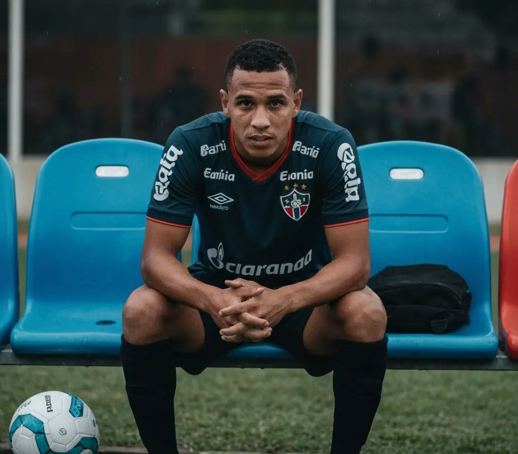 Bahia pode perder titular e vê elenco enfraquecido para o estadual Jogador do Bahia sentado de costas no banco de reservas, cabeça baixa, estádio vazio ao fundo.
