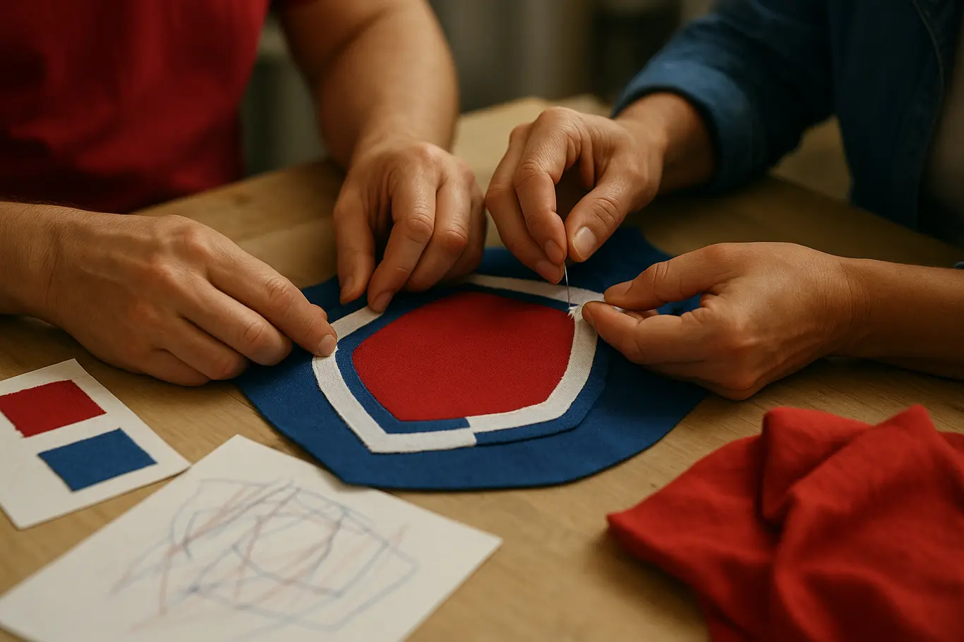 Proposta de modernização do escudo do Bahia mobiliza torcida baiana Detalhe de mãos costurando peça em formato de escudo com tecidos nas cores do clube, sem emblema