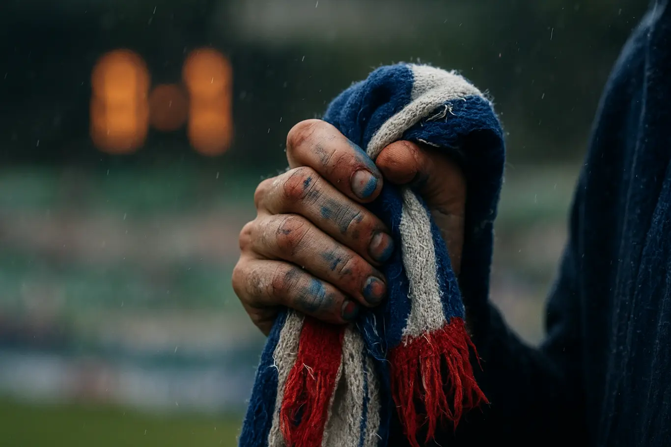Empate na estreia pressiona Brasil por vitória e mobiliza torcida do Bahia Close-up de mãos segurando cachecol do Bahia com fundo de estádio desfocado
