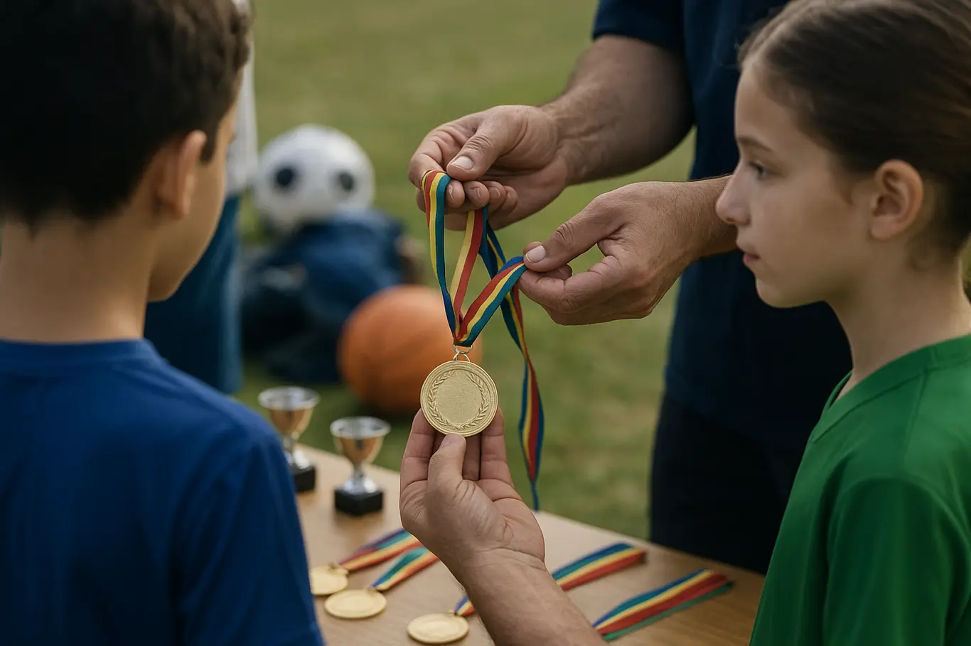 Associação do Bahia promove torneios em três modalidades e reforça vínculo Close-up de mãos colocando medalhas em atletas, com equipamentos esportivos desfocados ao fundo