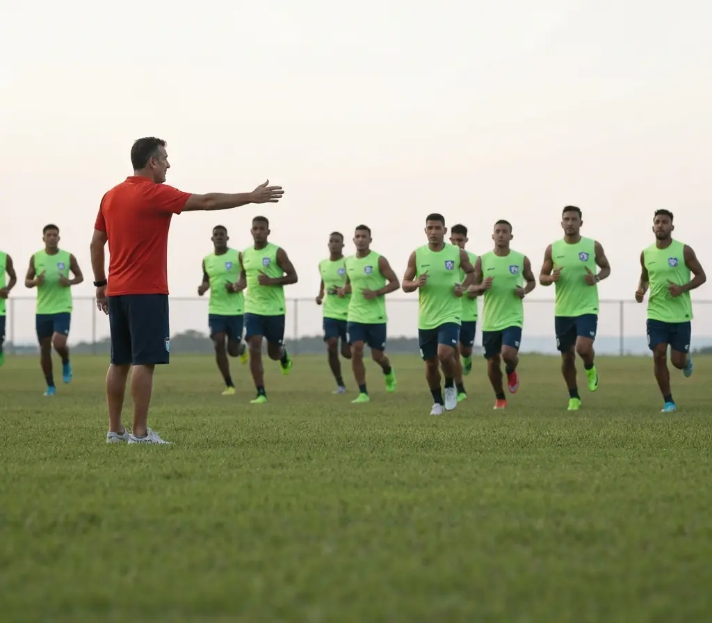Bahia mantém treinos no recesso de 22 dias e volta mais pronto para o Brasileirão Treinador de perfil orienta jogadores de costas durante treino do Bahia, gramado e arquibancada vazia ao fundo