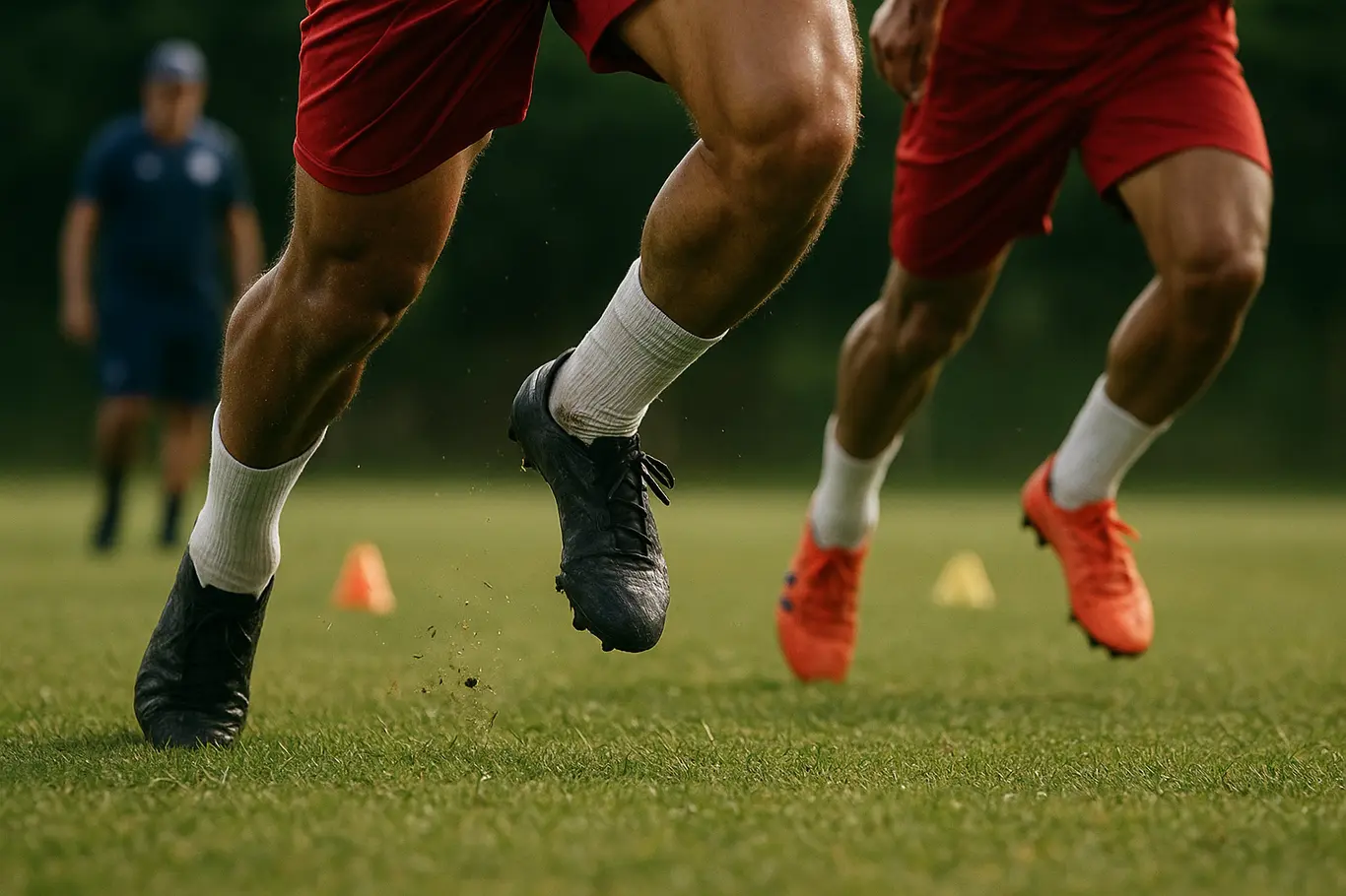 Bahia intensifica treinos em dois turnos e quer mais ritmo no brasileiro Close-up de pernas e chuteiras levantando grama durante sprint no treino do Bahia