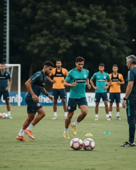 Bahia intensifica treinos em dois turnos e quer mais ritmo no brasileiro Treino coletivo do Bahia visto em plano aberto com jogadores de costas e técnico ao lado