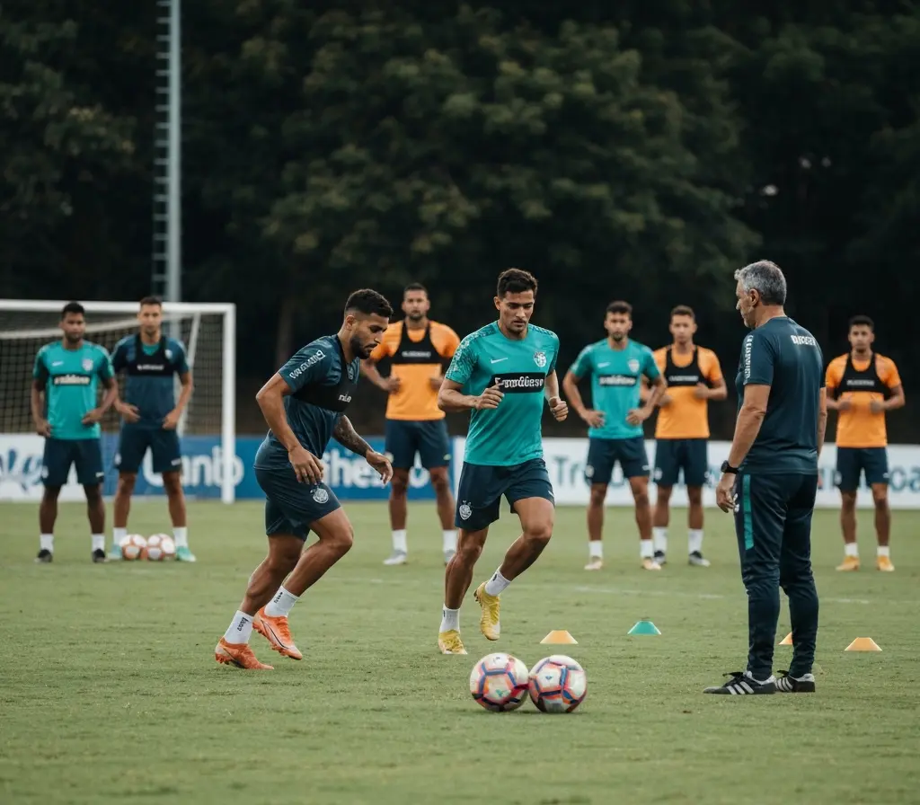 Bahia intensifica treinos em dois turnos e quer mais ritmo no brasileiro Treino coletivo do Bahia visto em plano aberto com jogadores de costas e técnico ao lado