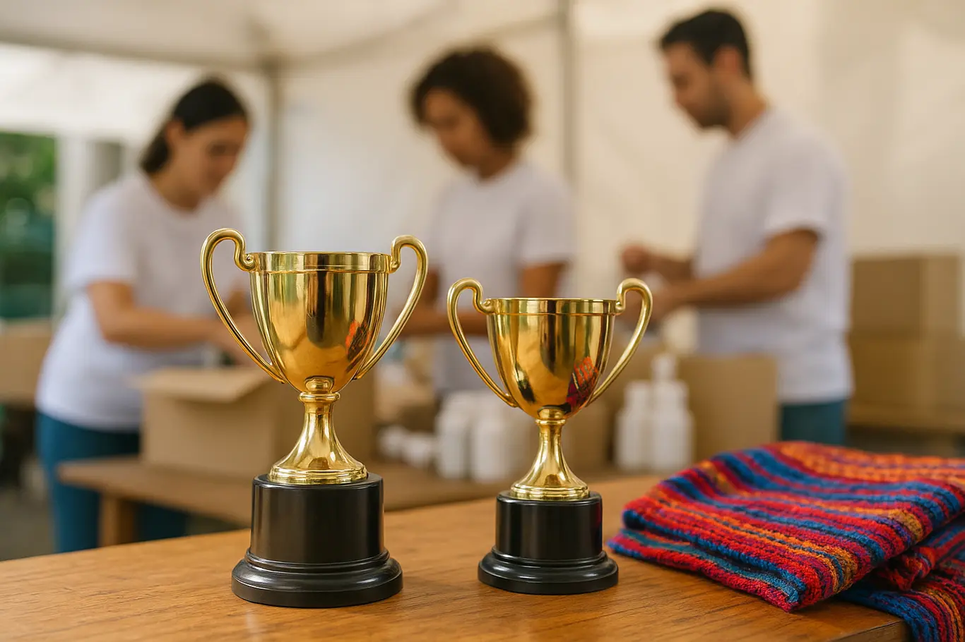 Bahia ganha dois prêmios internacionais e amplia alcance da prevenção Detalhe de dois troféus sobre mesa com tecido artesanal baiano, fundos desfocados de feira de saúde