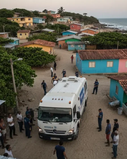 Bahia ganha dois prêmios internacionais e amplia alcance da prevenção Unidade móvel de saúde chegando a comunidade costeira na Bahia ao amanhecer, equipe vista de costas montando tendas