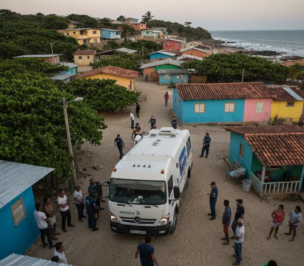 Bahia ganha dois prêmios internacionais e amplia alcance da prevenção Unidade móvel de saúde chegando a comunidade costeira na Bahia ao amanhecer, equipe vista de costas montando tendas
