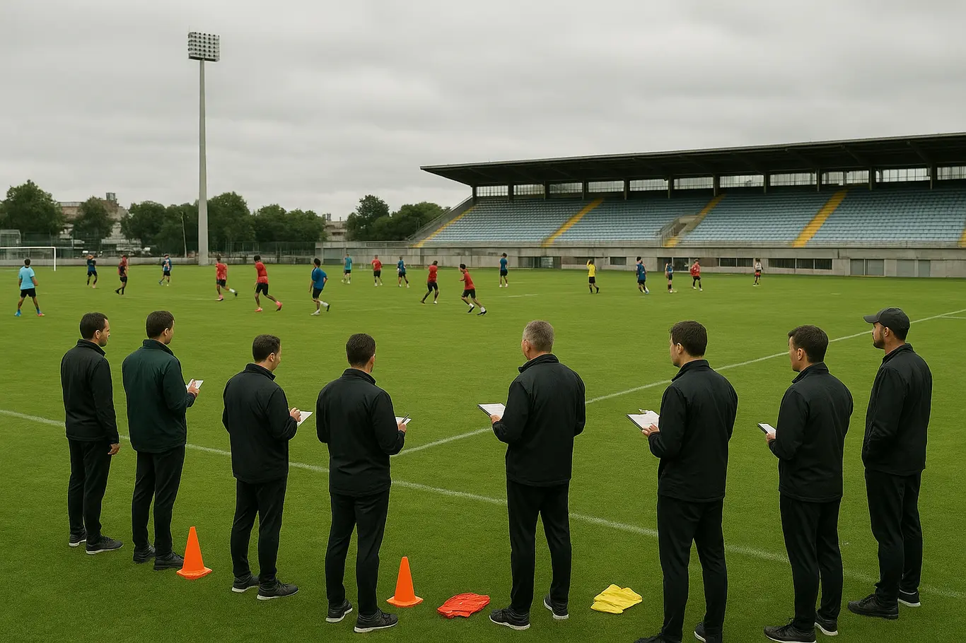 Bahia monitora Valmir, da Portuguesa, para reforçar ataque na temporada Treino coletivo no gramado com olheiros observando na lateral.