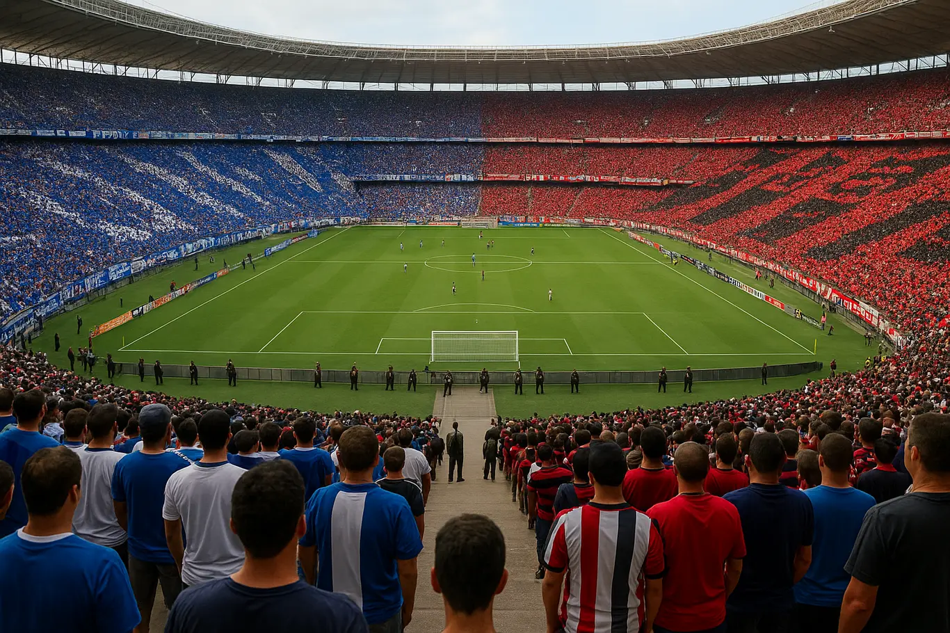 Bahia enfrenta Vitória em dois ba-vis que decidem título e pontos Panorâmica do estádio dividido entre torcidas do Bahia e do Vitória, faixas e bandeiras em contraste