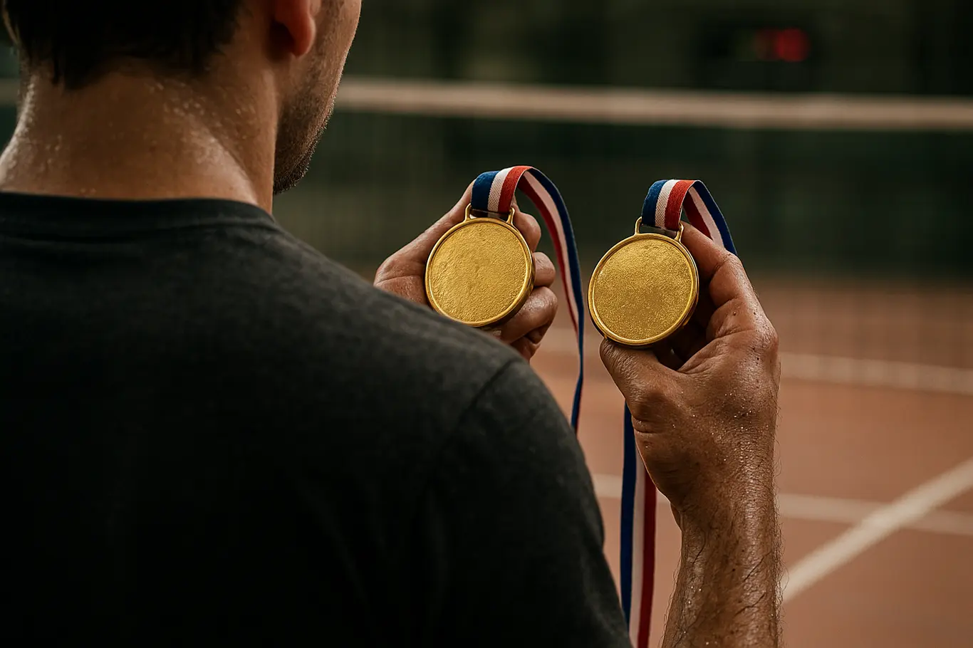 Bahia conquista duas medalhas de ouro e se firma no baiano de vôlei Close-up de duas medalhas de ouro nas mãos de um membro da equipe, fitas azul, branca e vermelha, fundo da quadra desfocado.