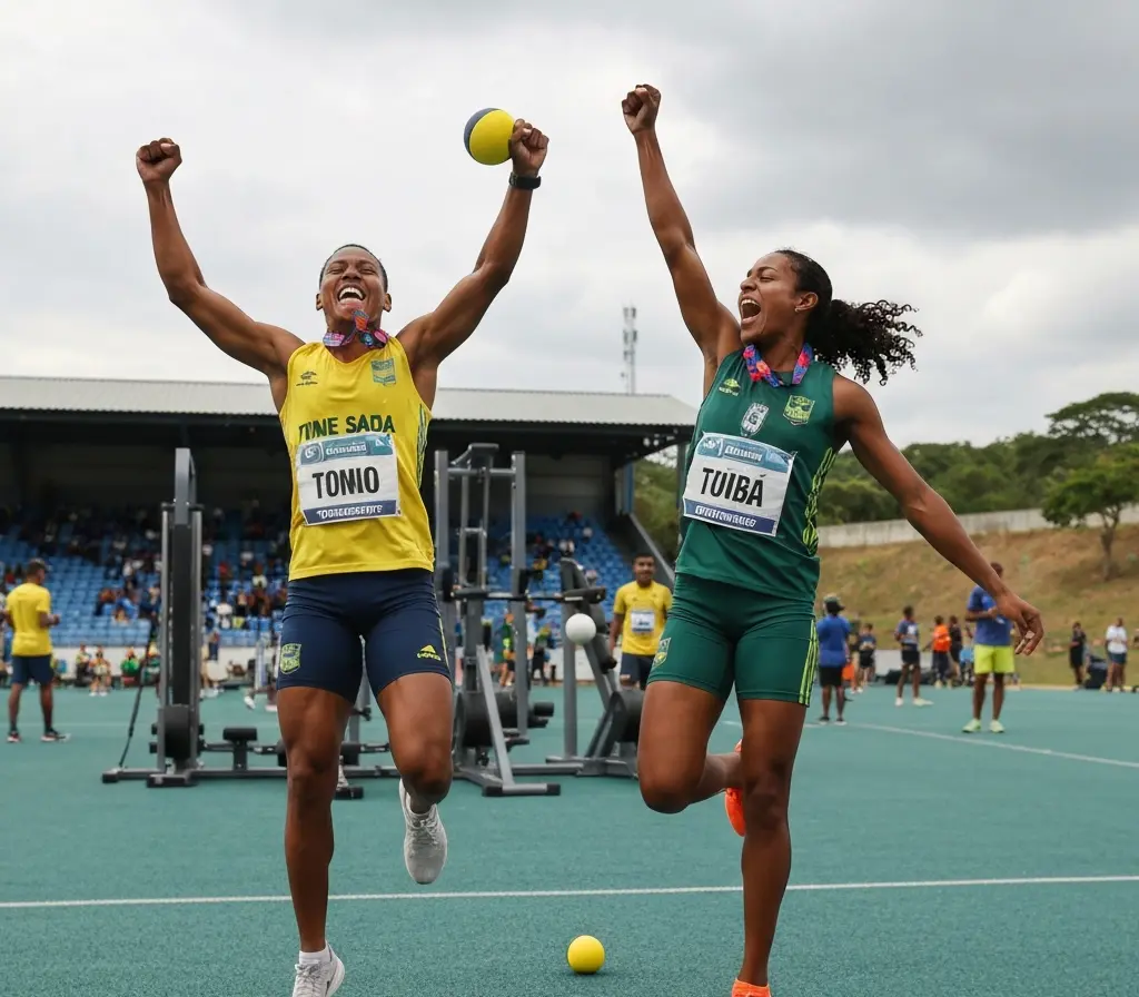 Bahia conquista duas medalhas de ouro e se firma no baiano de vôlei Duas jogadoras do time da Bahia comemorando ouro em salto, vistas de perfil e de costas, medalhas à mostra.