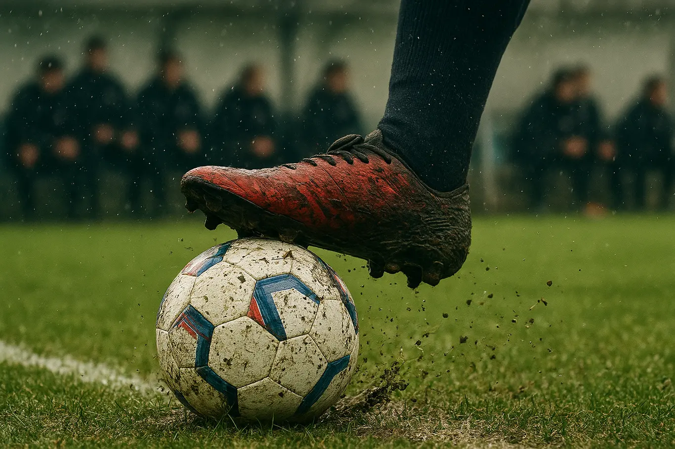 Bahia precisa vencer o Grêmio para garantir vaga inédita no mata-mata Close-up de chuteira pisando em bola molhada com grama arrancada.