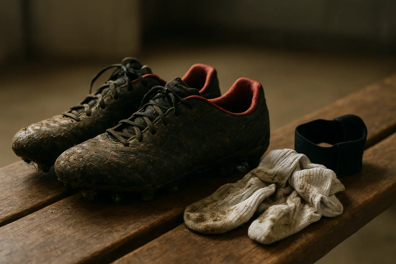 Jovens zagueiros do Bahia ainda não estrearam e complicam disputa na Série A Close-up de chuteiras e equipamentos molhados de jovens zagueiros, com vestiário desfocado ao fundo.