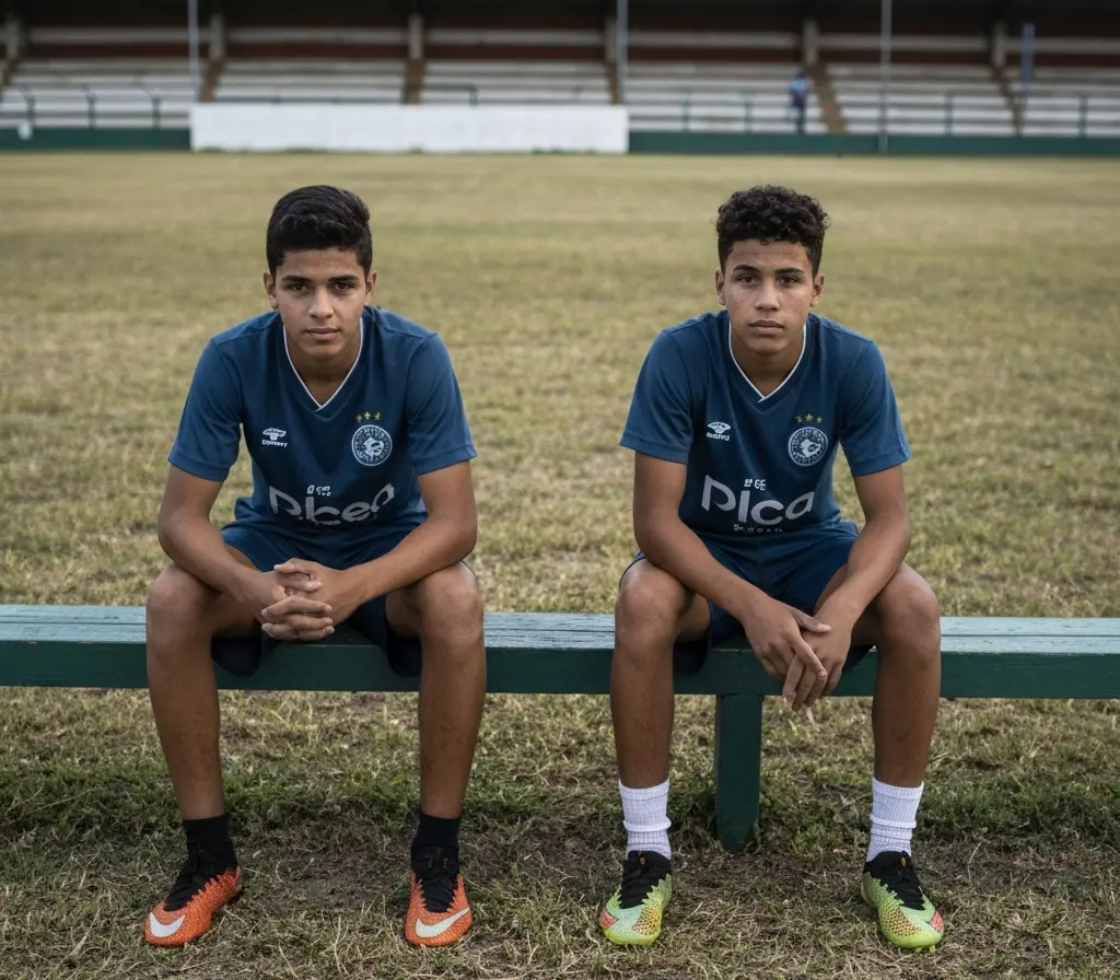 Jovens zagueiros do Bahia ainda não estrearam e complicam disputa na Série A Dois jovens zagueiros do Bahia vistos de costas sentados no banco de reservas de um estádio vazio.