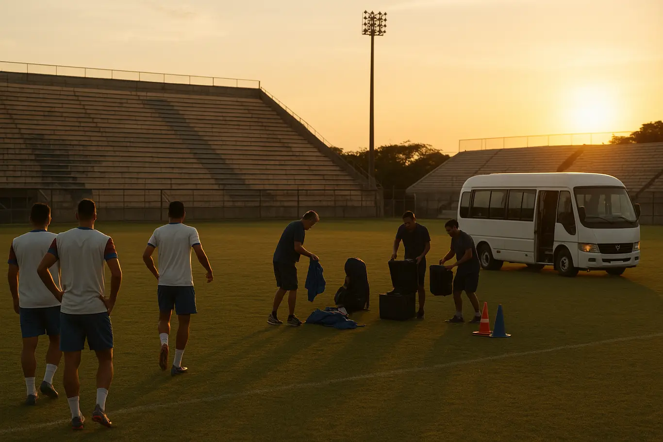 Brasil x Escócia terá transmissão em seis canais e altera rotina do Bahia Jogadores de costas e staff reorganizando equipamentos no campo de treinamento do Bahia ao entardecer