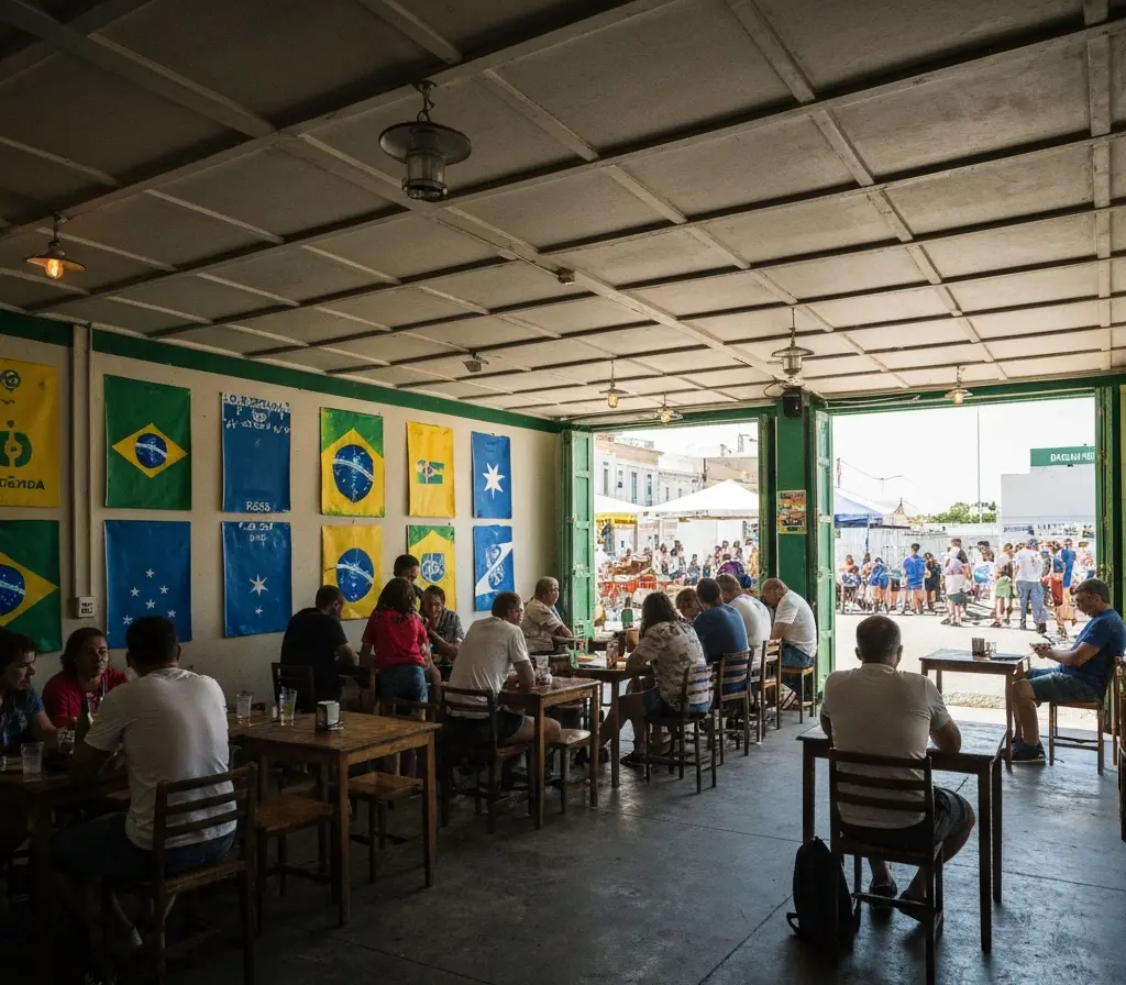 Brasil x Escócia terá transmissão em seis canais e altera rotina do Bahia Público de costas em bar assistindo várias televisões com cores do Brasil e Escócia