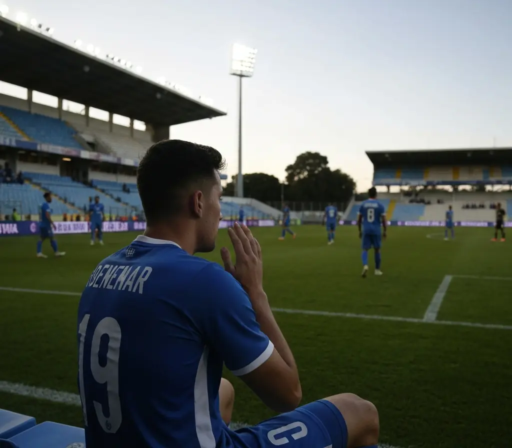Ademir vira reserva e Bahia perde criatividade no ataque na Série A Jogador sentado de costas no banco, cabeça baixa, estádio ao fundo desfocado
