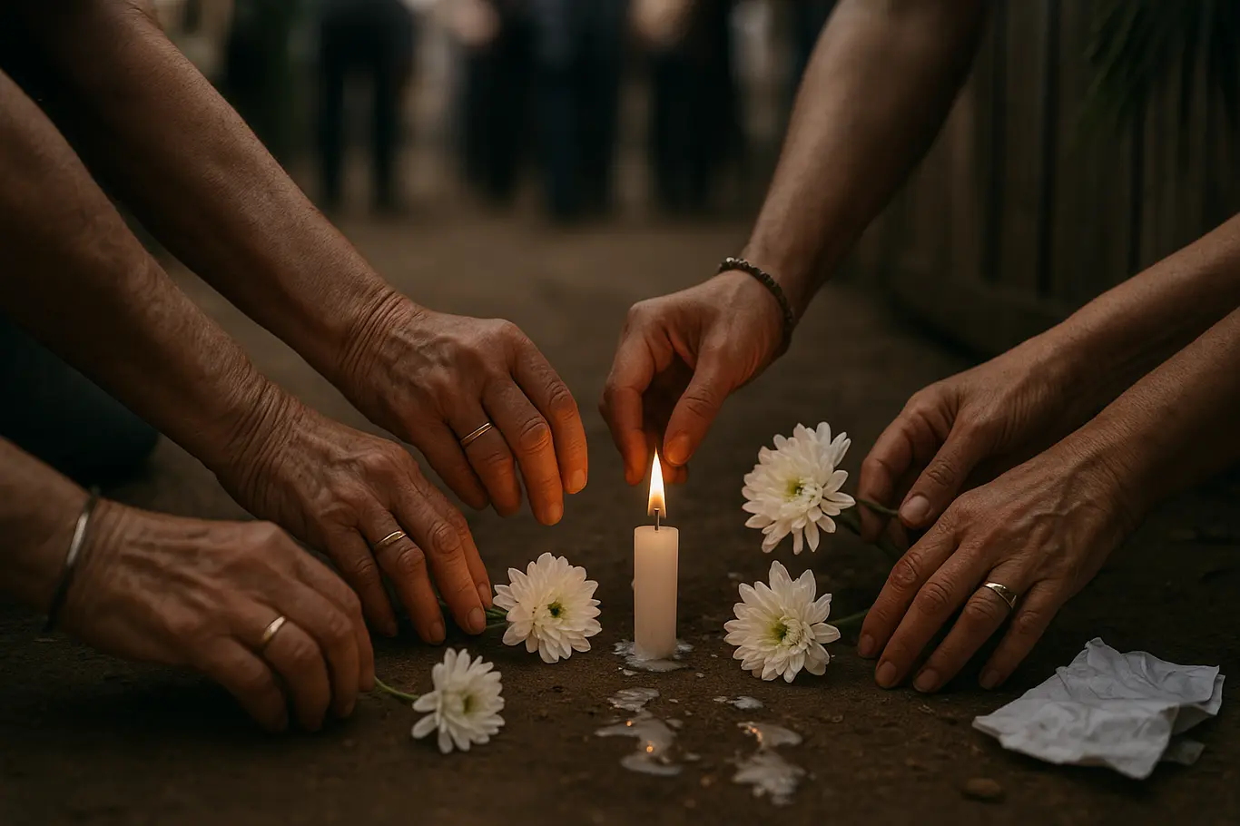 Morte de Adilson de Jesus mobiliza vizinhos e lideranças na Bahia Close-up de mãos colocando flores e velas em memorial improvisado em rua da Bahia