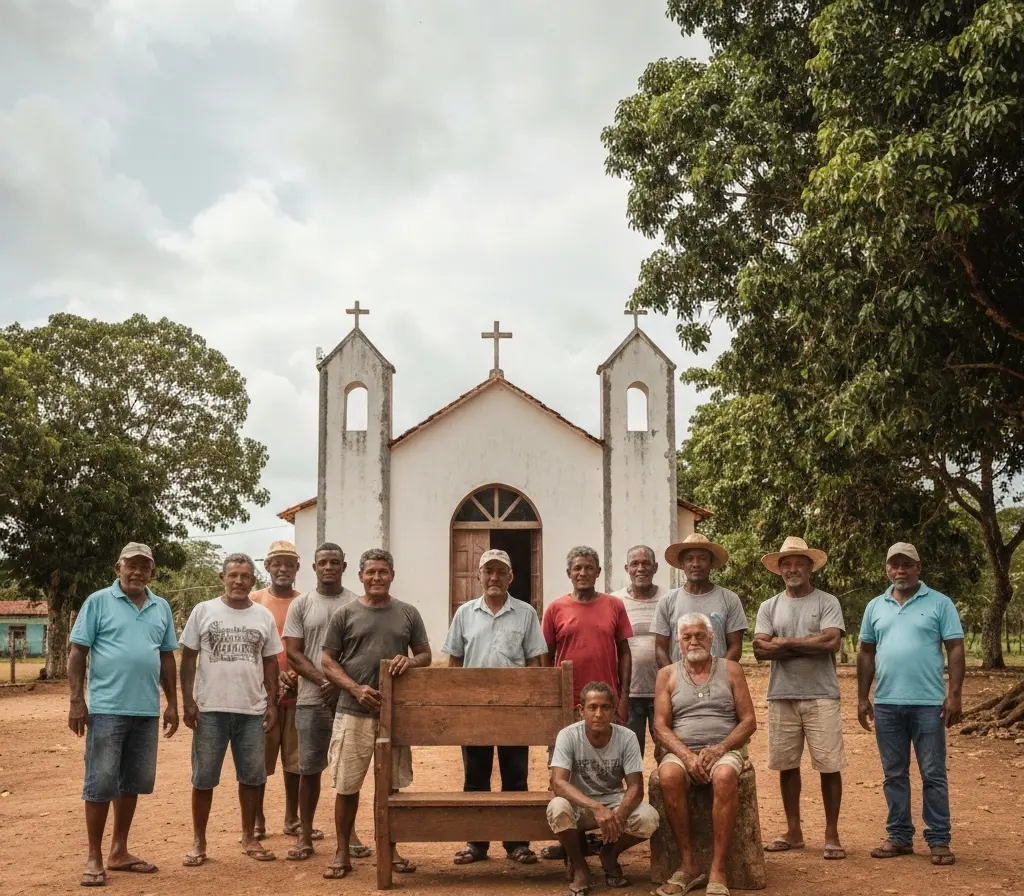 Falecimento de Adilson de Jesus comove comunidades da Bahia Grupo de moradores reunidos em frente a igreja durante funeral na Bahia, rostos não visíveis.