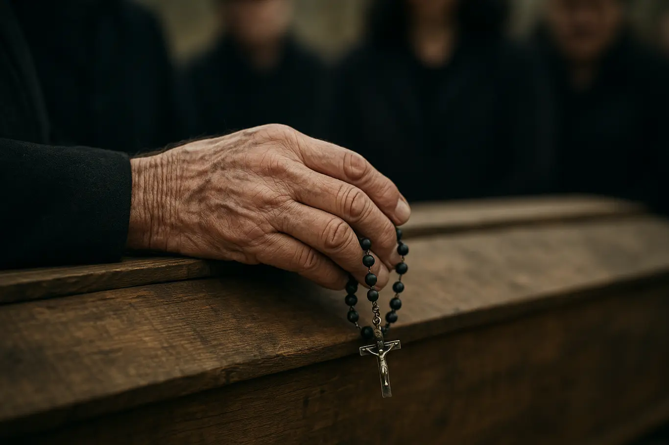 Falecimento de Adilson de Jesus comove comunidades da Bahia Close-up das mãos de um parente idoso segurando um terço sobre a beirada de um caixão de madeira.