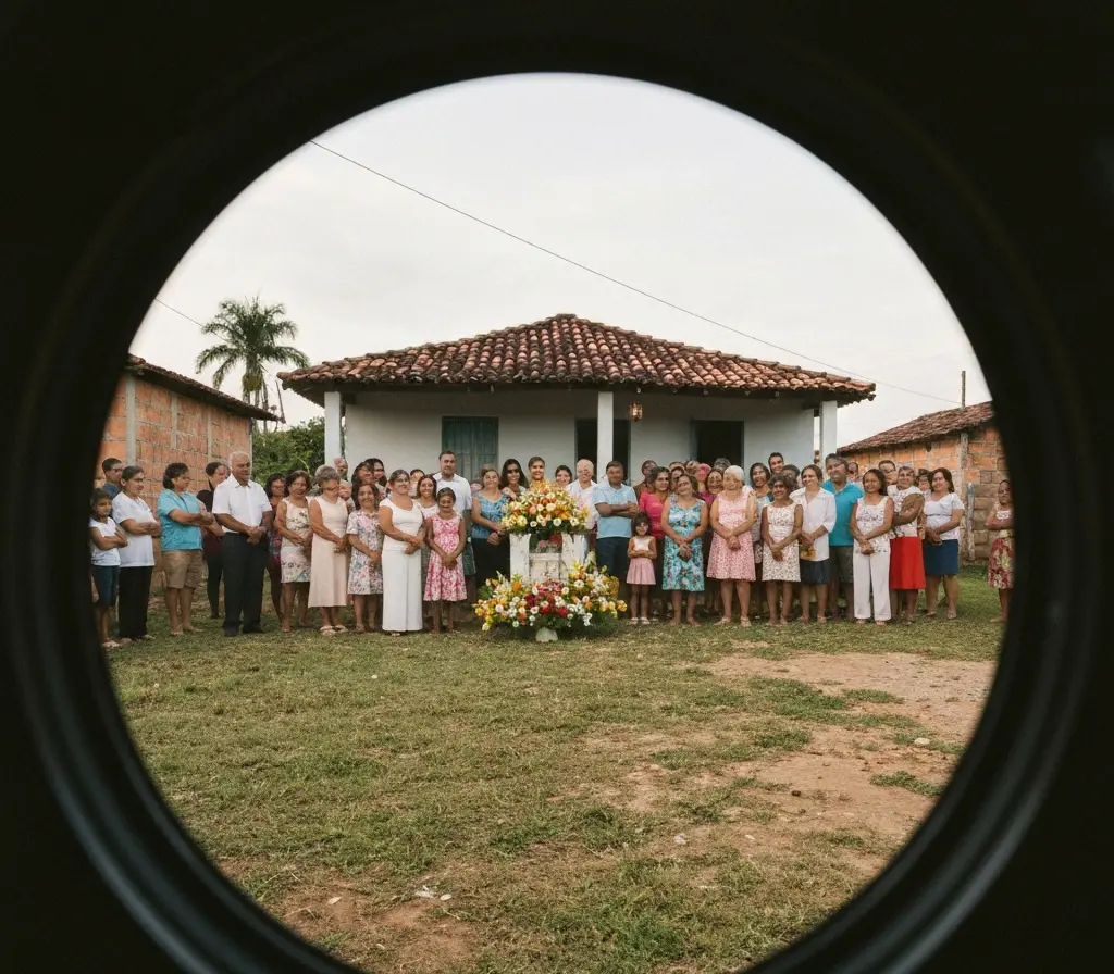 Adilson de Jesus morre e mobiliza comoção em comunidade da Bahia Procissão funerária em vila da Bahia com moradores de costas em frente a casa simples, velas e flores.