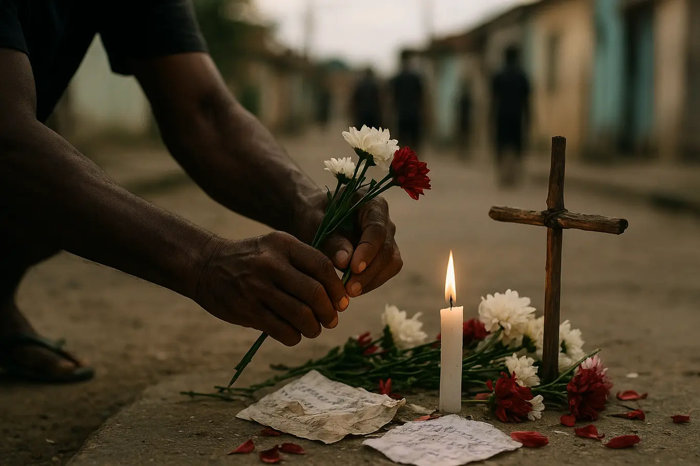 Adilson de Jesus morre e mobiliza comoção em comunidade da Bahia Mãos colocando flores e acendendo vela em memorial improvisado na calçada, com silhuetas ao fundo.