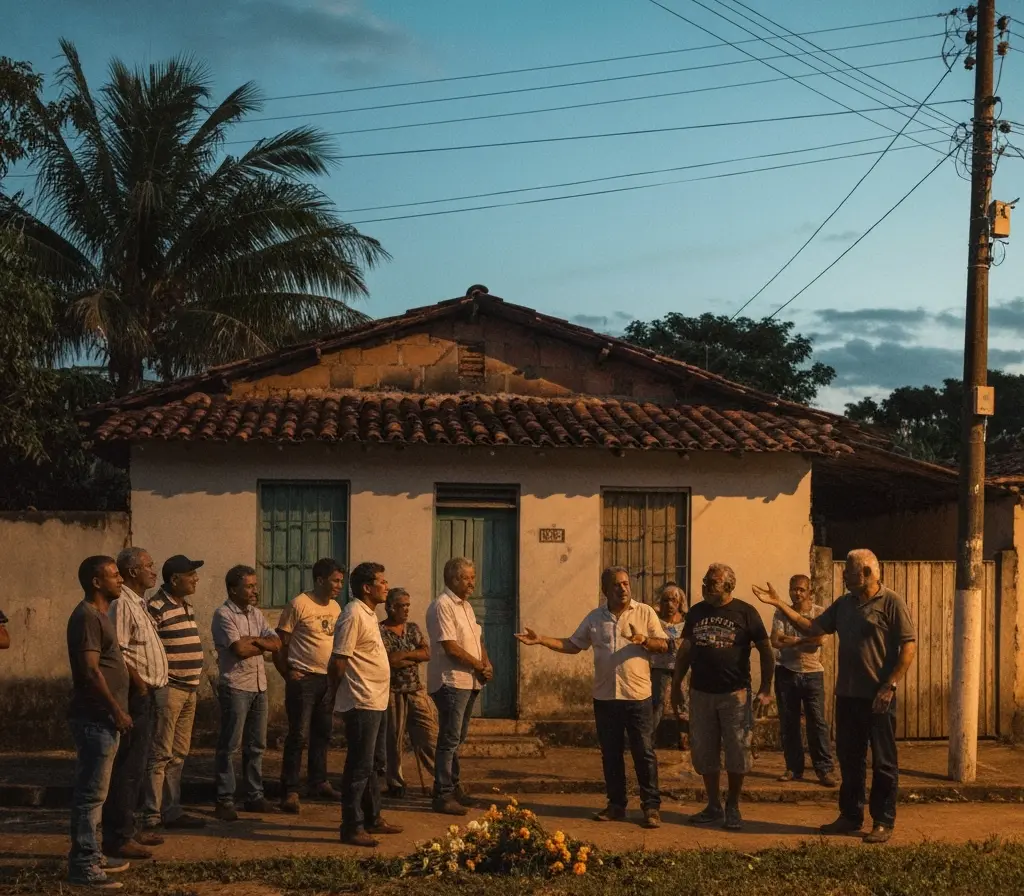 Morte de Adilson de Jesus mobiliza vizinhos e lideranças na Bahia Moradores reunidos em frente a casa durante ato de luto na Bahia, rostos não identificáveis