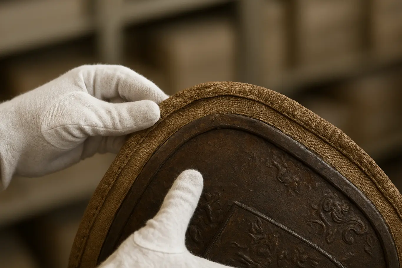 Associação do Bahia se apresenta como guardiã da história e do escudo Close-up de mãos com luvas manuseando borda de tecido e metal envelhecido de objeto de arquivo