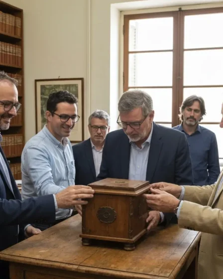 Associação do Bahia se apresenta como guardiã da história e do escudo Membros da associação de costas segurando um escudo antigo em sala de arquivo, rostos fora de foco