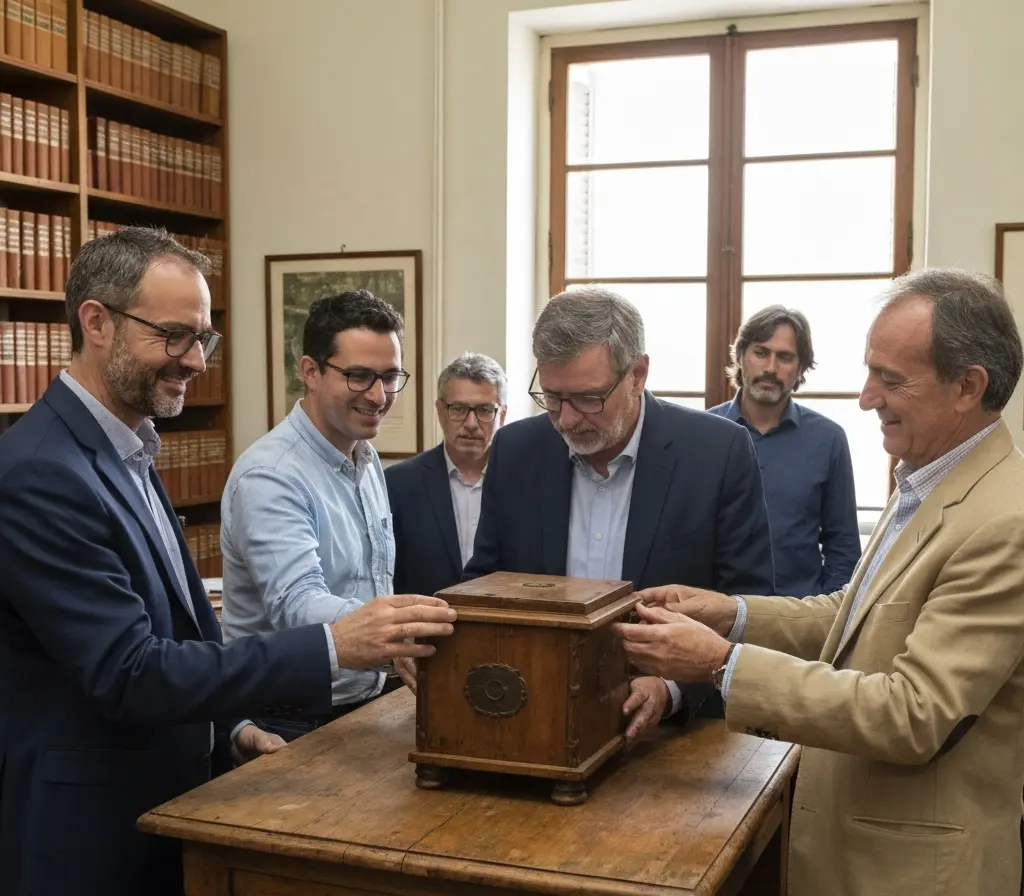 Associação do Bahia se apresenta como guardiã da história e do escudo Membros da associação de costas segurando um escudo antigo em sala de arquivo, rostos fora de foco