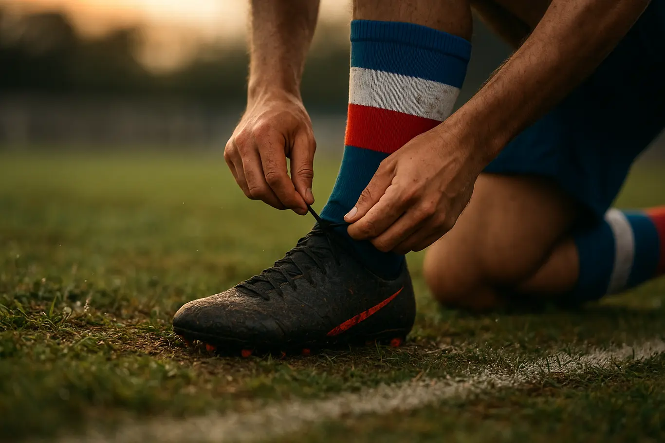 Bahia interessado em Claudio Echeverri pode acelerar briga pelo acesso Close nas mãos amarrando chuteira sobre linha lateral com meia nas cores do Bahia