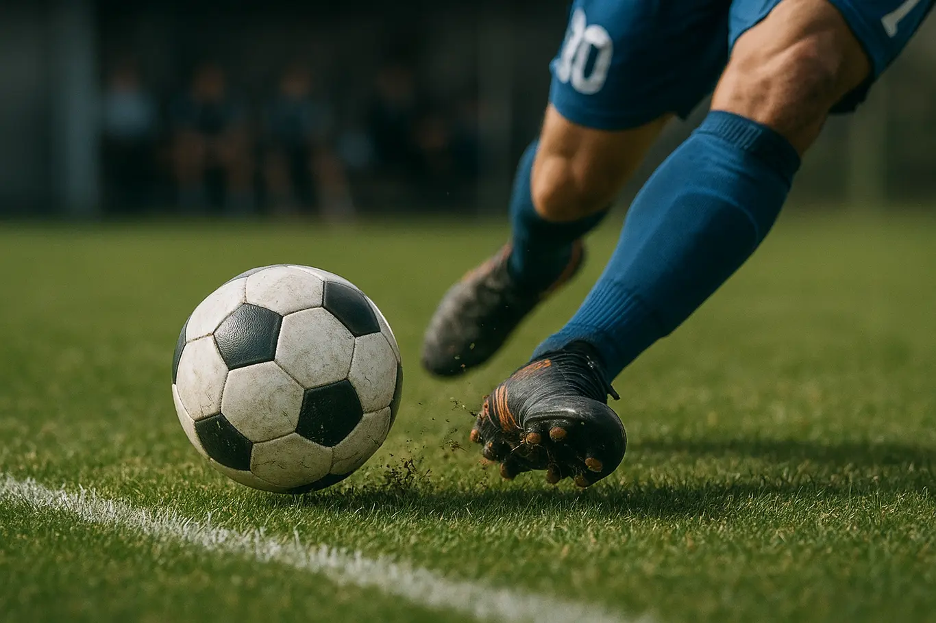 Bahia enfrenta Fluminense em amistoso e testa opções para o retorno Close-up de chuteira em contato com a bola e grama sendo levantada durante treino