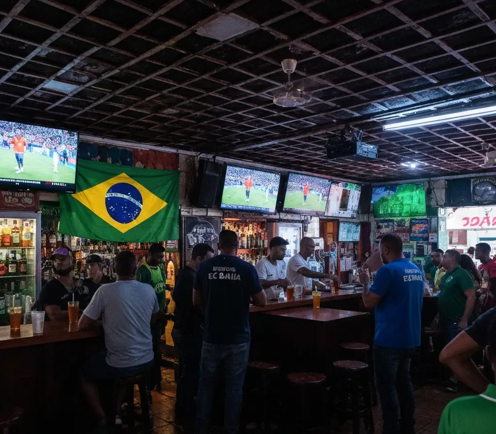 Brasil x Marrocos: estreia aquece bares na Bahia e muda rotina do EC Bahia Público de costas em bar na Bahia assistindo Brasil x Marrocos em tela grande.
