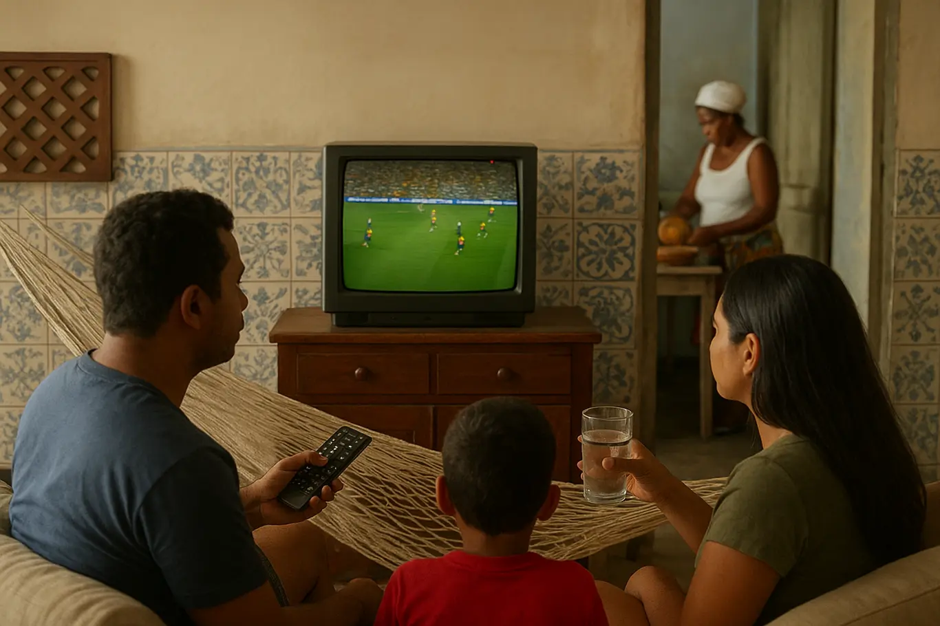 Brasil estreia na copa contra Marrocos, 6 canais e rotina muda na Bahia Sala na Bahia com família de costas assistindo jogo na televisão, detalhes regionais