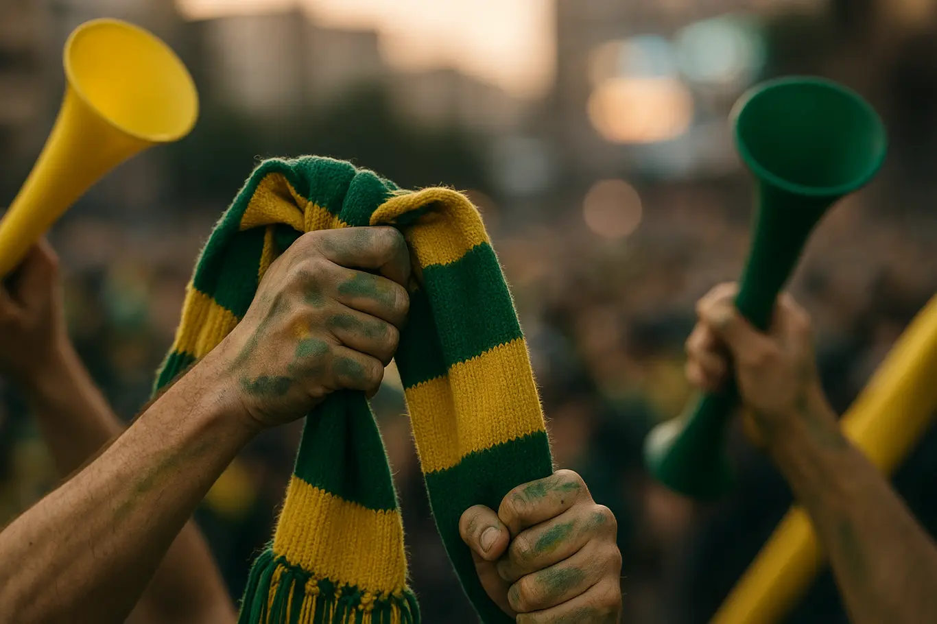Brasil estreia contra Marrocos e abre caminho para o hexacampeonato; Bahia vibra Close nas mãos segurando cachecóis verde-amarelos e vuvuzelas, fundo urbano desfocado.