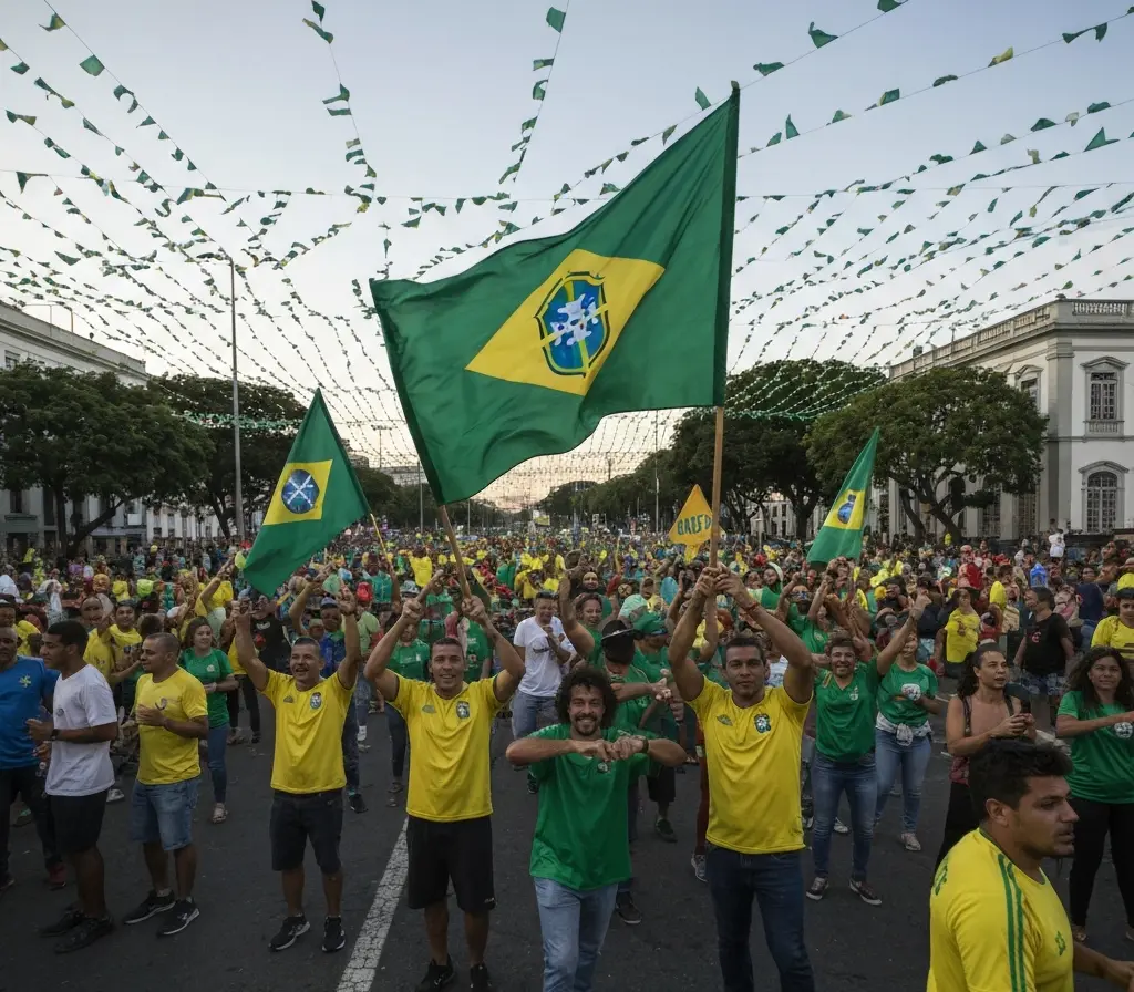 Brasil estreia contra Marrocos e abre caminho para o hexacampeonato; Bahia vibra Multidão em praça de Salvador assistindo Brasil x Marrocos em telão, bandeiras verde-amarelas, perfis e costas dos torcedores.