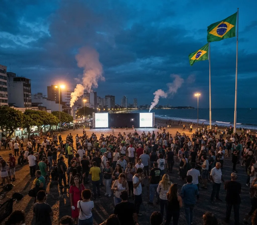 Brasil estreia na copa contra Marrocos, 6 canais e rotina muda na Bahia Multidão vista de costas em praça assistindo jogo em telão durante estreia do Brasil