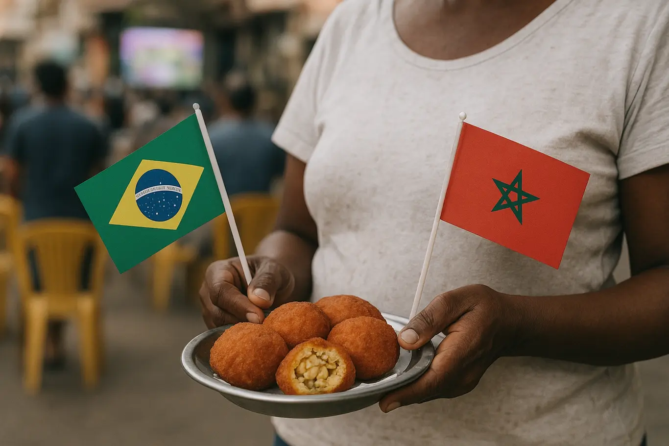Brasil estreia contra Marrocos; transmissão por seis canais e impacto na Bahia Close das mãos de uma vendedora segurando mini-bandeiras do Brasil e do Marrocos com bar vazio ao fundo