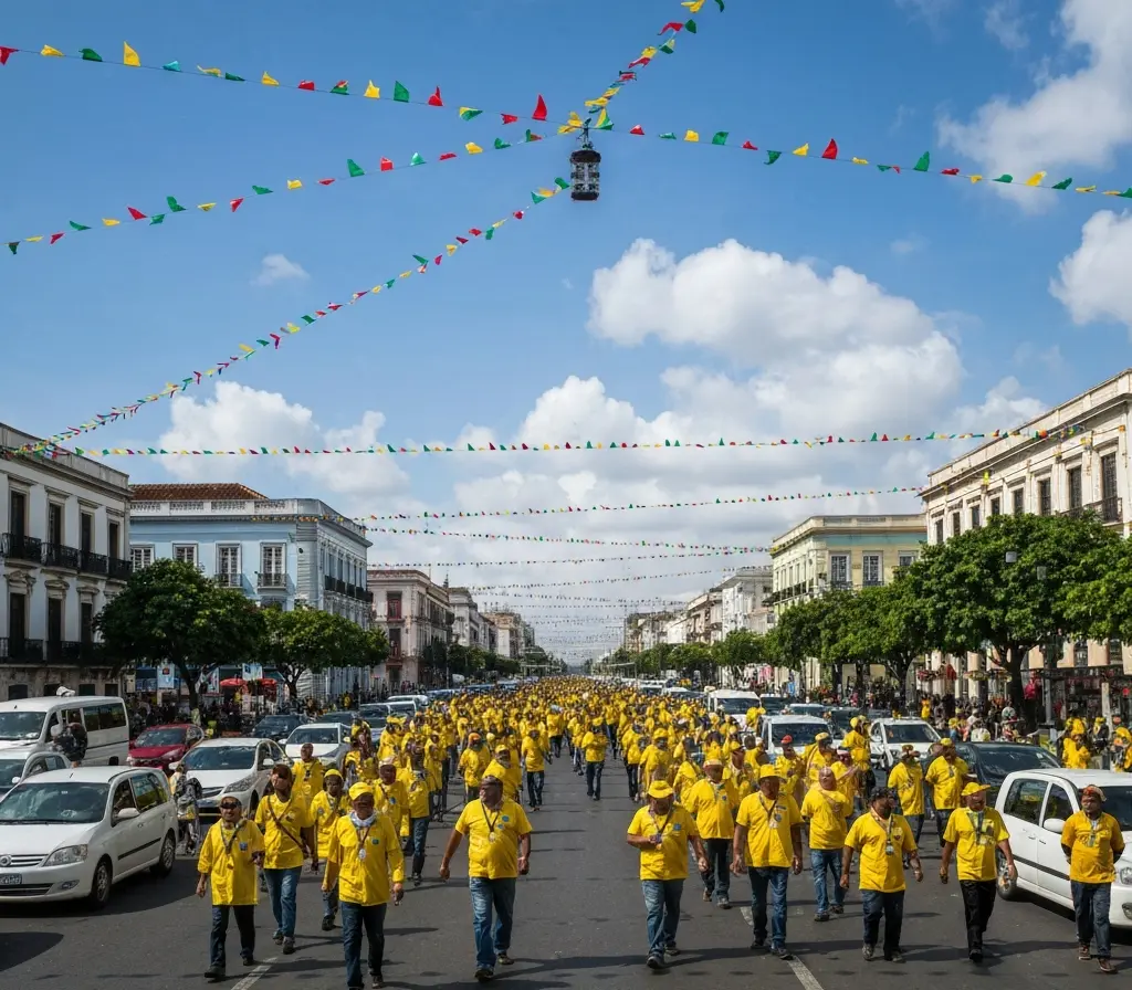 Brasil estreia contra Marrocos; transmissão por seis canais e impacto na Bahia Multidão de torcedores de costas em praça de Salvador com bandeiras do Brasil e Marrocos