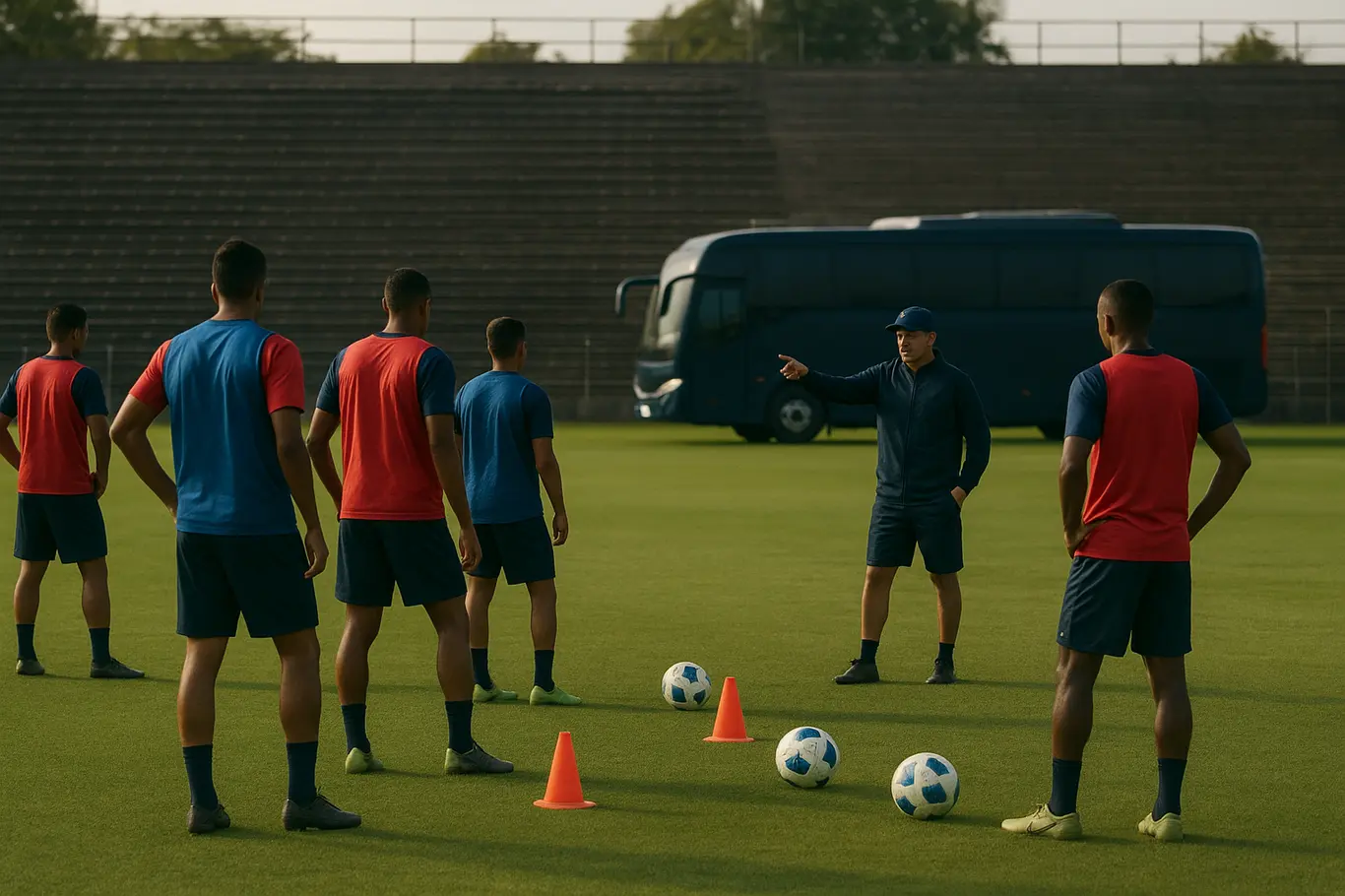 Manchester United compra Éderson; Bahia reúne reforços para o Brasileirão Treino coletivo ao amanhecer com jogadores de costas e coletes azul e vermelho em campo de futebol