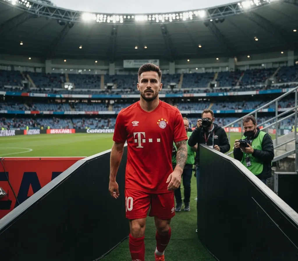 Manchester United compra Éderson; Bahia reúne reforços para o Brasileirão Jogador de costas com camisa vermelha entrando no túnel do estádio, torcida desfocada ao fundo
